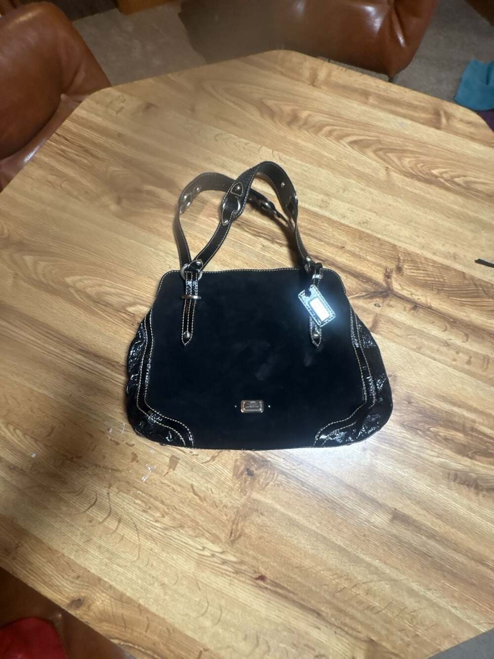 The Sak Black Suede and Patent Leather Hobo Shoulder Bag